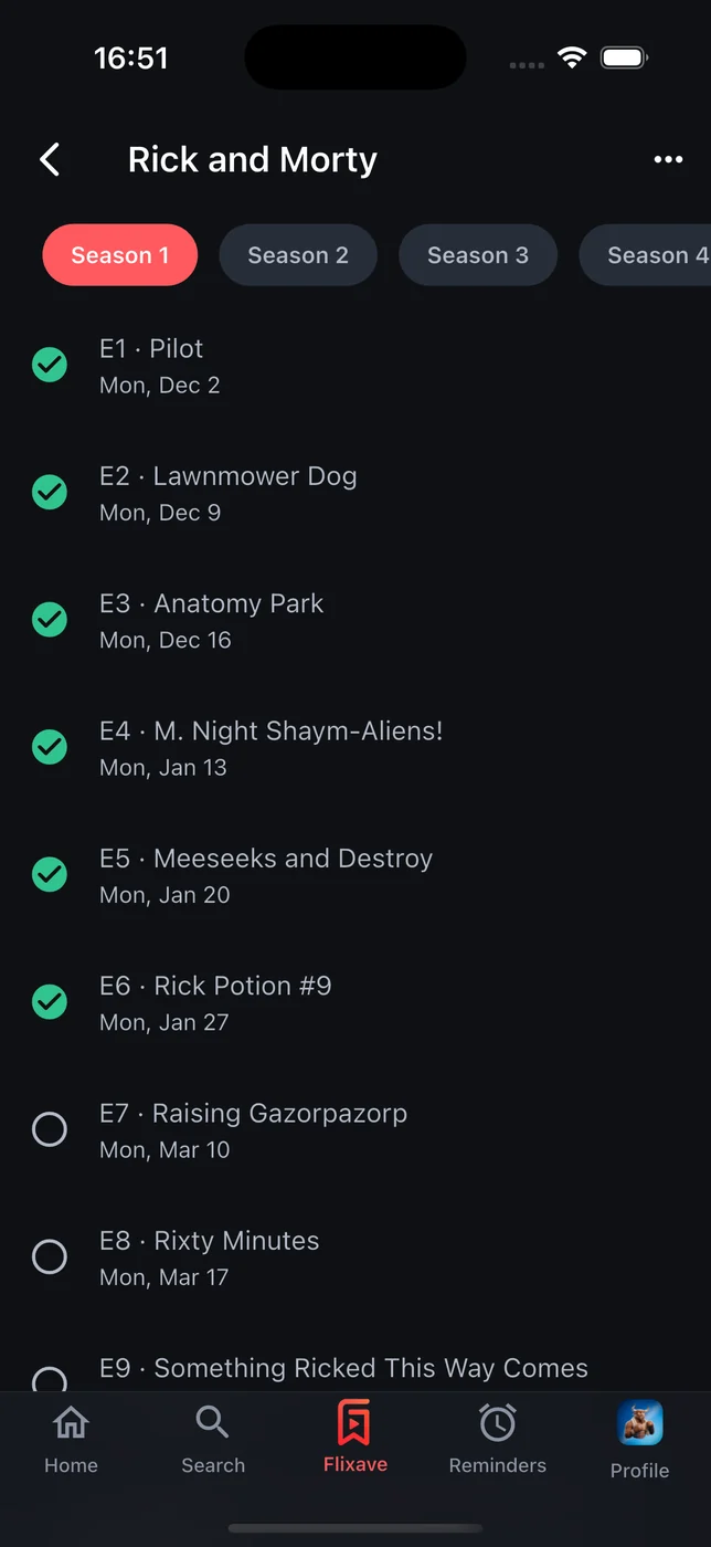 A tracked series in flixave with each episode checked off and the next episode's date